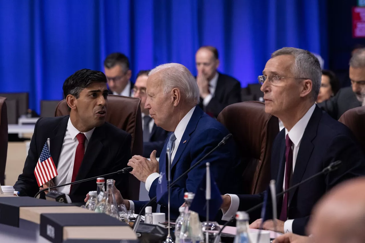 Left to right: Rishi Sunak (UK Prime Minister) with US President Joe Biden and NATO Secretary General Jens Stoltenberg