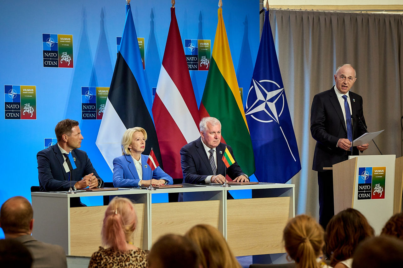 Left to right: Hanno Pevkur Minister of Defence, Estonia); Inara Murniece (Minister of Defence, Latvia); Arvydas Anusauskas (Minister of Defence, Lithuania); NATO Deputy Secretary General Mircea Geoana