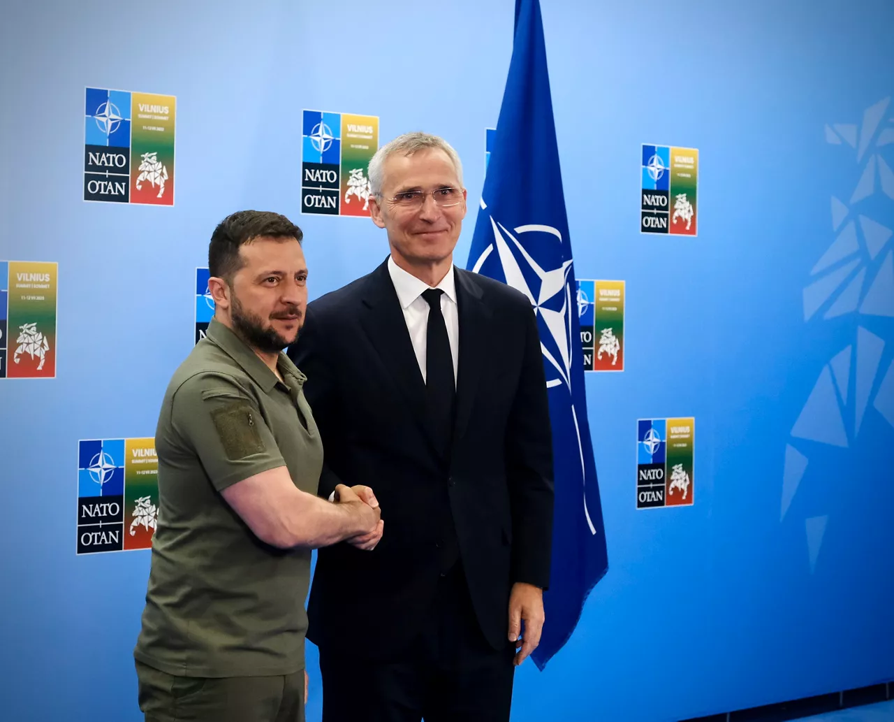 Left to right: President Volodymyr Zelenskyy (Ukraine) shaking hands with NATO Secretary General Jens Stoltenberg