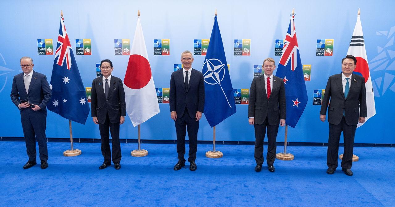 Left to right: Anthony Albanese (Prime Minister of Australia); Fumio Kishida (Prime Minister of Japan); NATO Secretary General Jens Stoltenberg; Christopher Hipkins (Prime Minister of New Zealand); President Suk Yeol Yoon (Republic of Korea)