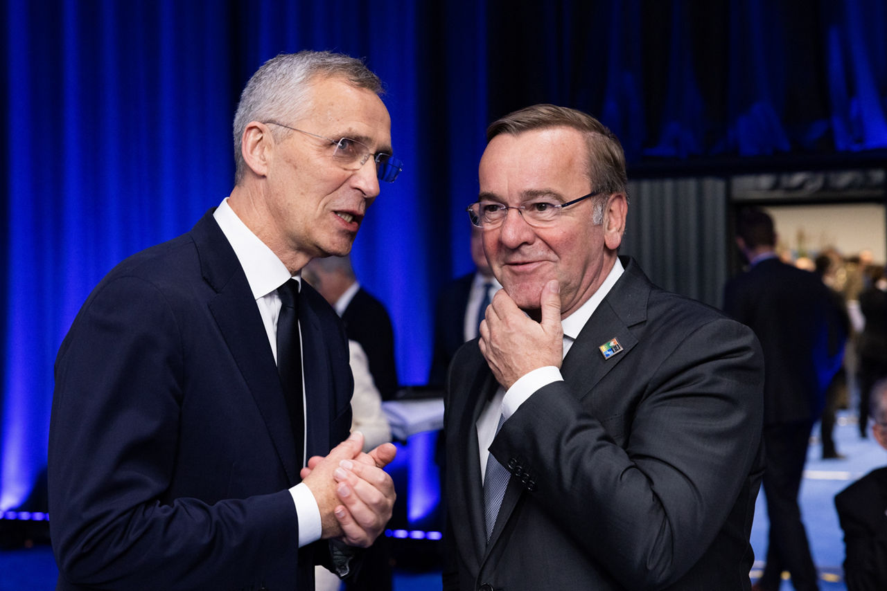 Left to right: NATO Secretary General Jens Stoltenberg talking with Boris Pistorius (Minister of Defence, Germany)