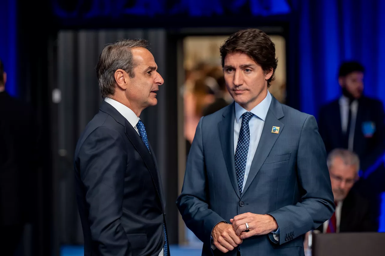 Left to right: Kyriakos Mitsotakis (Prime Minister of Greece) with Justin Trudeau (Prime Minister of Canada)