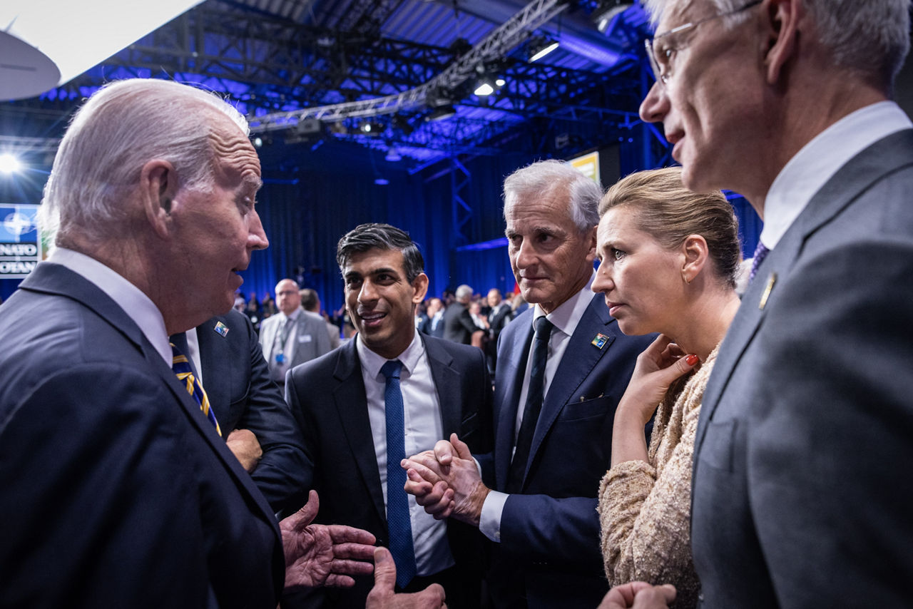 Left to right: US President Joe Biden; ; Rishi Sunak (UK Prime Minister); Jonas Gahr Store (Prime Minister of Norway); Mette Frederiksen (Prime Minister of Denmark)