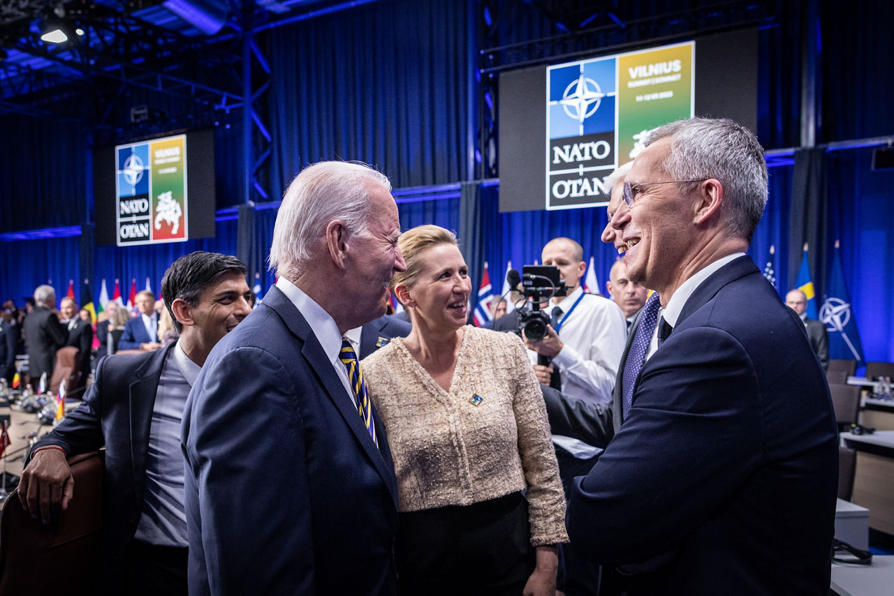 Left to right: US President Joe Biden with Mette Frederiksen (Prime Minister of Denmark) and NATO Secretary General Jens Stoltenberg