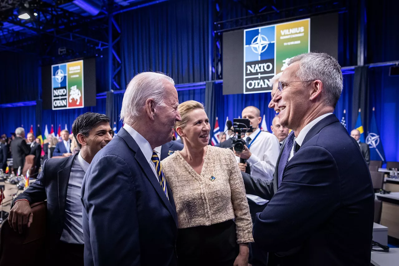Left to right: US President Joe Biden with Mette Frederiksen (Prime Minister of Denmark) and NATO Secretary General Jens Stoltenberg