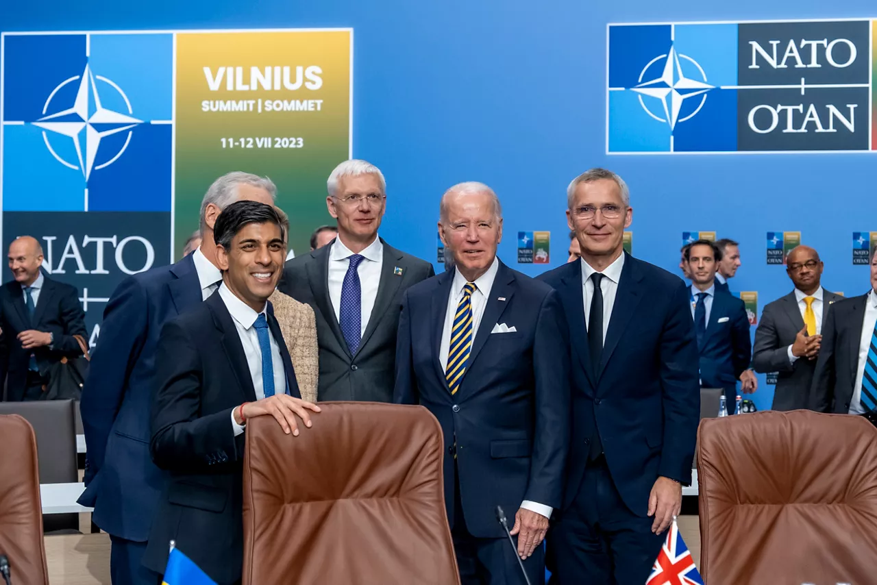 Left to right: Rishi Sunak (UK Prime Minister); Krisjanis Karins (Prime Minister of Latvia); US President Joe Biden; NATO Secretary General Jens Stoltenberg