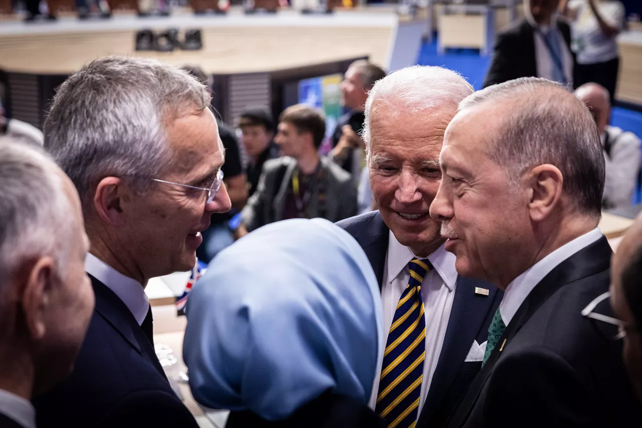 Left to right: NATO Secretary General Jens Stoltenberg with US President Joe Biden and President Recep Tayyip Erdogan (Türkiye)