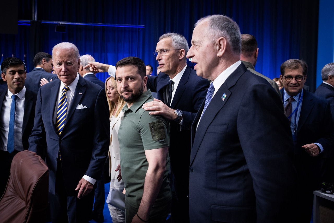 Left to right: US President Joe Biden; President Voldymyr Zelenskyy (Ukraine); NATO Secretary General Jens Stoltenberg; NATO Deputy Secretary General Mircea Geoana