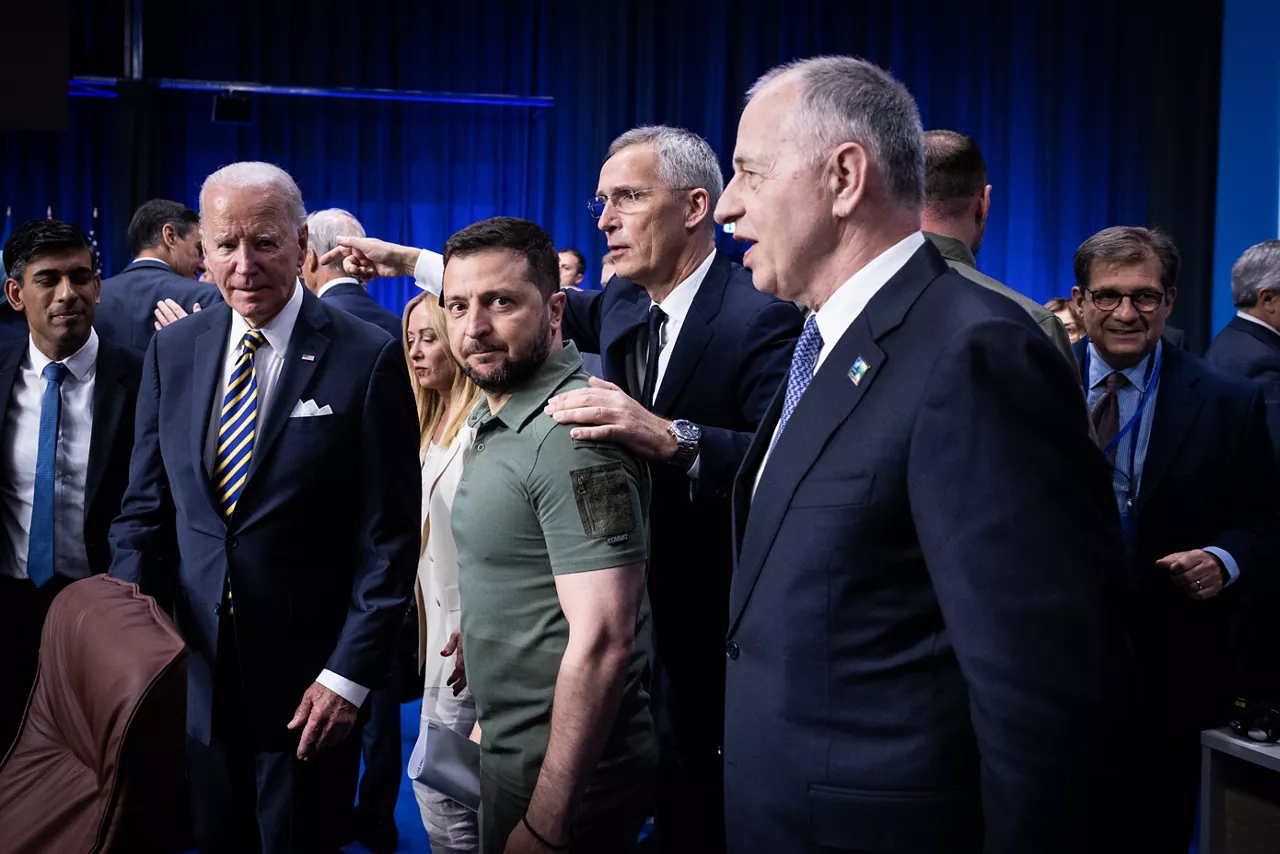 Left to right: US President Joe Biden; President Voldymyr Zelenskyy (Ukraine); NATO Secretary General Jens Stoltenberg; NATO Deputy Secretary General Mircea Geoana