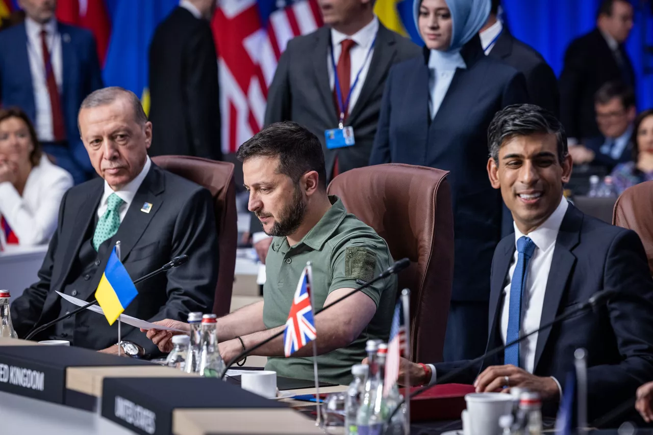Left to right: President Recep Tayyip Erdogan (Türkiye) with President Voldymyr Zelenskyy (Ukraine) and Rishi Sunak (UK Prime Minister)