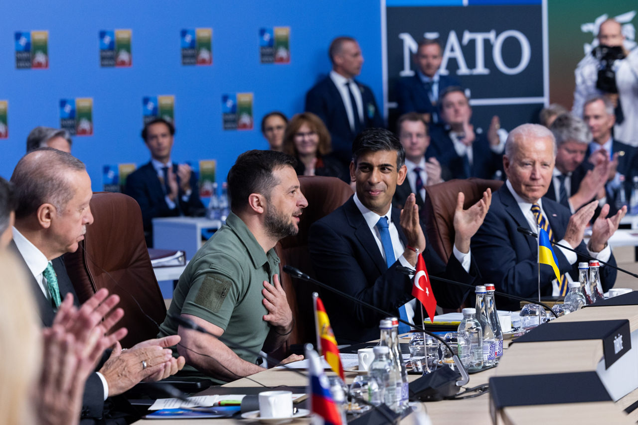Left to right: President Voldymyr Zelenskyy (Ukraine) with Rishi Sunak (UK Prime Minister) and US President Joe Biden