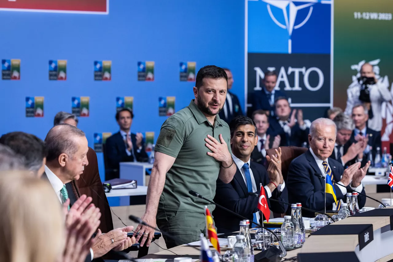 Left to right: President Voldymyr Zelenskyy (Ukraine) with Rishi Sunak (UK Prime Minister) and US President Joe Biden