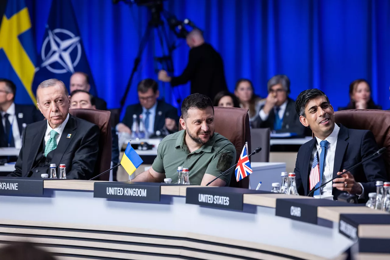Left to right: President Recep Tayyip Erdogan (Türkiye) with President Volodymyr Zelenskyy (Ukraine) and Rishi Sunak (UK Prime Minister)