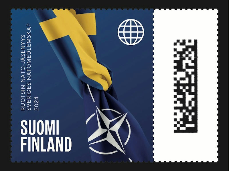 2024 Swedish NATO stamp, showing the Swedish and NATO flags entwined