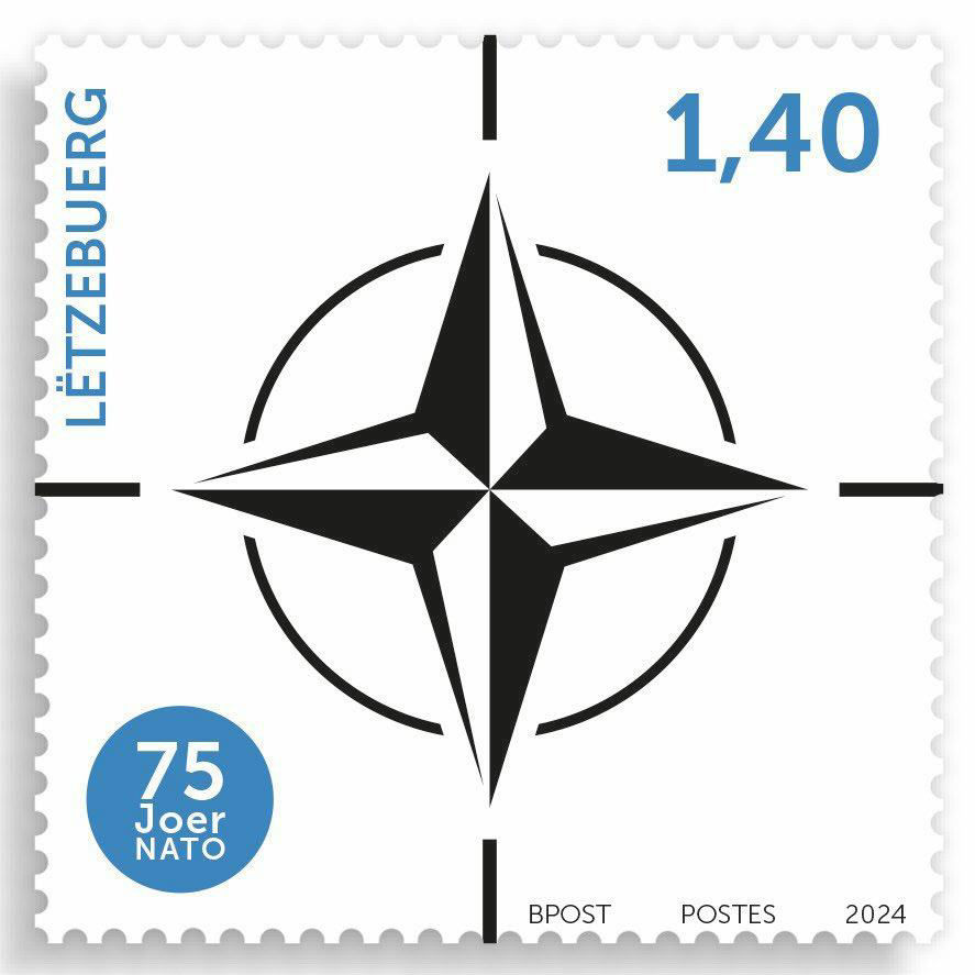 2024 Luxembourgish NATO stamp, with a clean black-and-white design featuring the NATO compass
