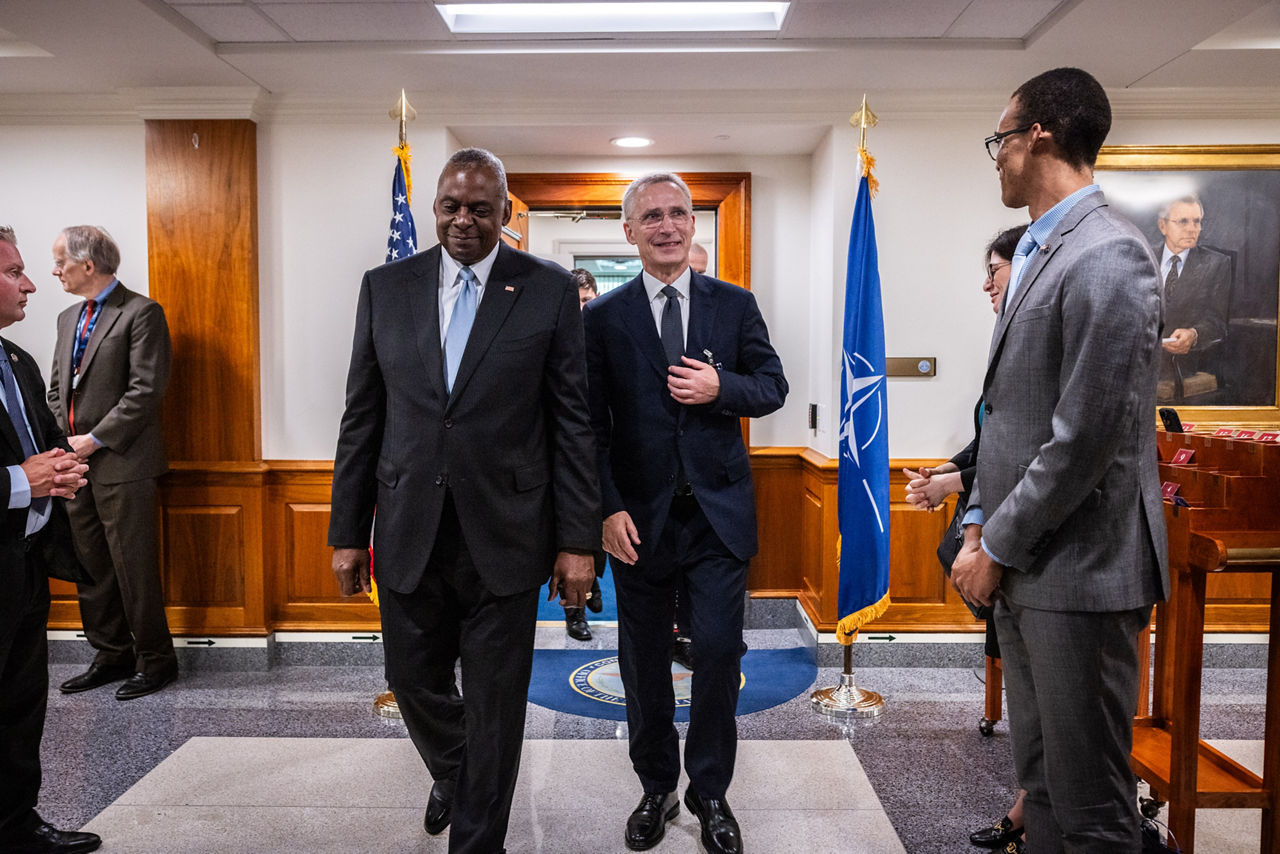 Left to right: Lloyd J. Austin III (US Secretary of Defense) with NATO Secretary General Jens Stoltenberg