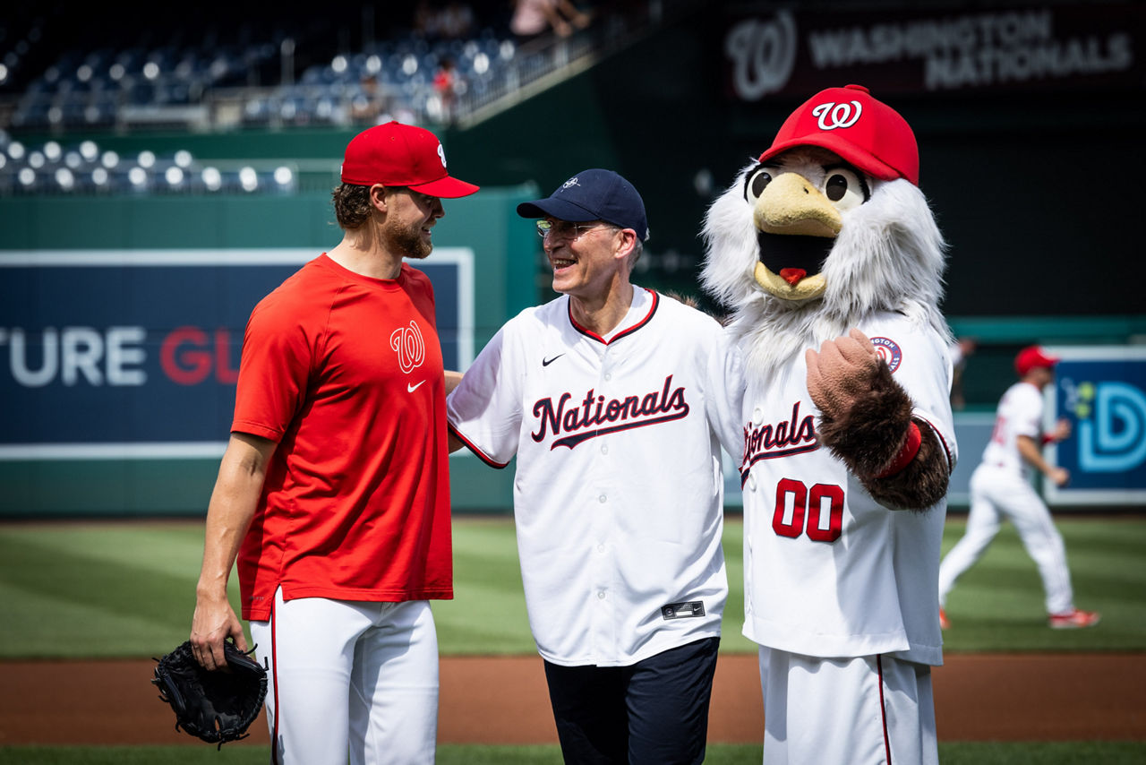 NATO Secretary General Jens Stoltenberg participates at the baseball game at Washington Nationals Park