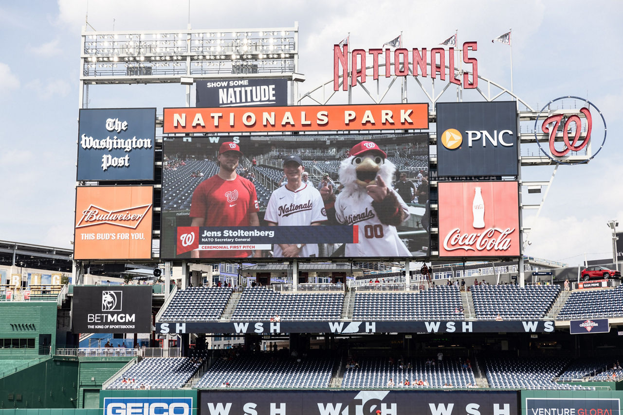 NATO Secretary General Jens Stoltenberg participates at the baseball game at Washington Nationals Park