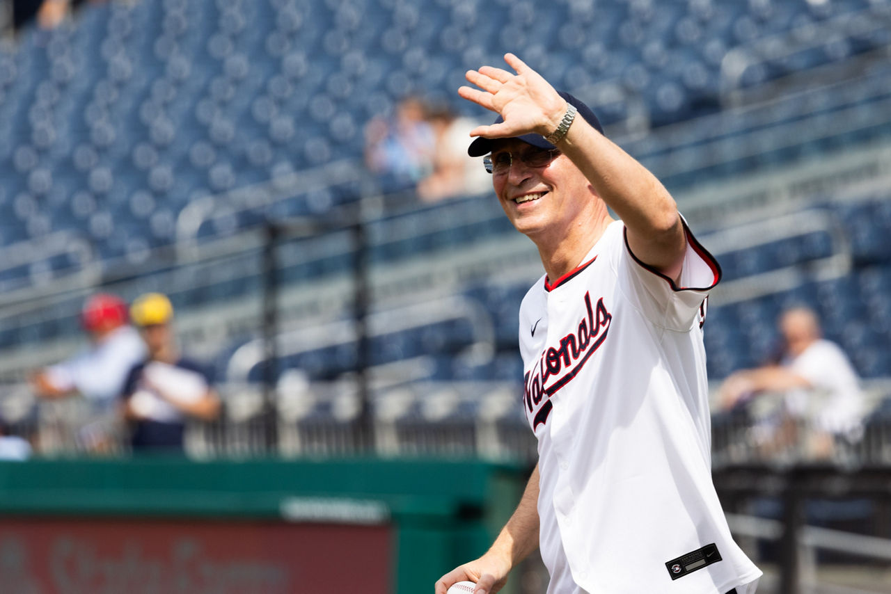 NATO Secretary General Jens Stoltenberg participates at the baseball game at Washington Nationals Park