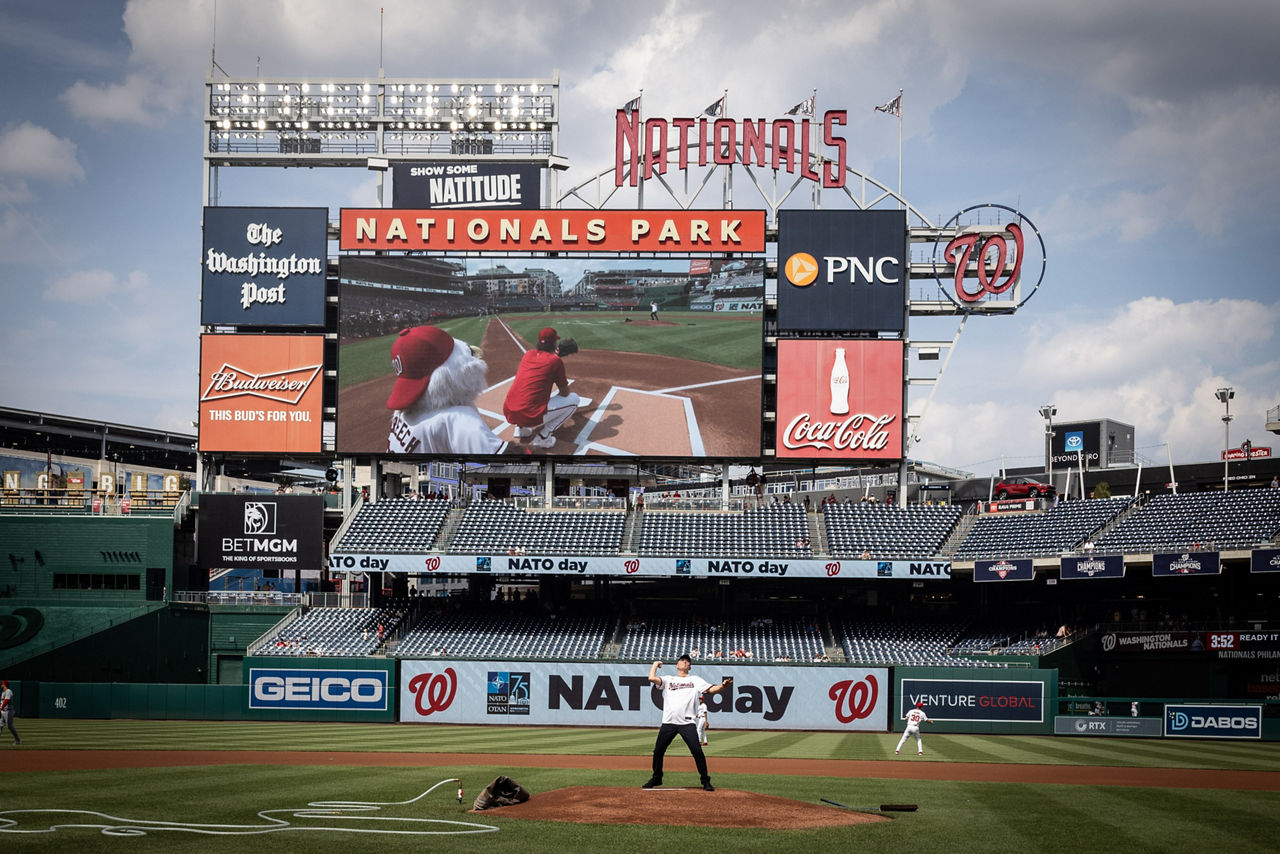 NATO Secretary General Jens Stoltenberg participates at the baseball game at Washington Nationals Park