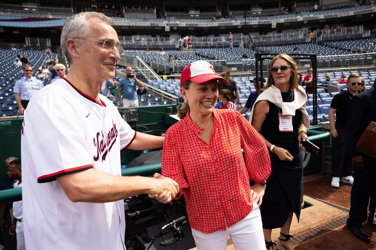 Left to right: NATO Secretary General Jens Stoltenberg with Julianne Smith (US Permanent Representative to NATO)