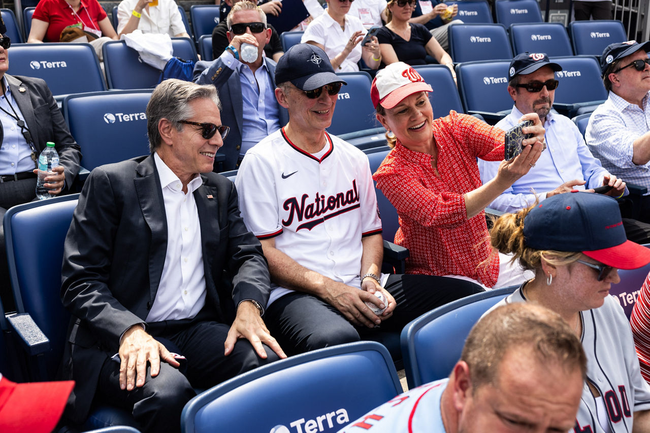 Left to right: Antony J. Blinken (US Secretary of State) with NATO Secretary General Jens Stoltenberg and Julianne Smith (US Permanent Representative to NATO)