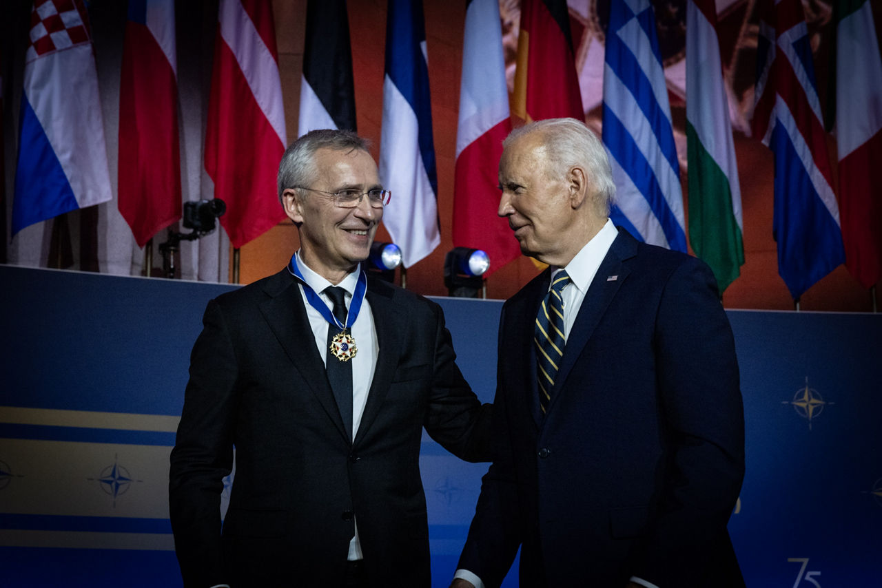 Left to right: NATO Secretary General Jens Stoltenberg is awarded a medal by US President Joe Biden