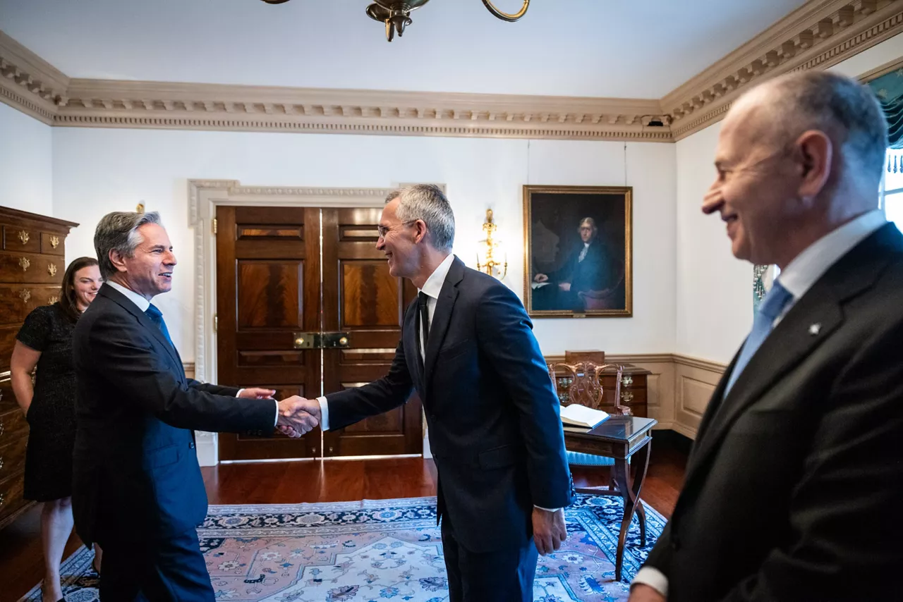 Left to right: Antony J. Blinken (US Secretary of State) shaking hands with NATO Secretary General Jens Stoltenberg