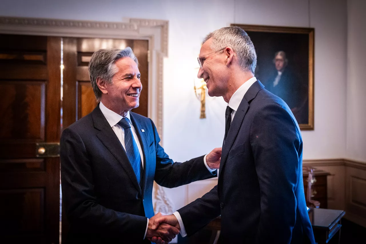 Left to right: Antony J. Blinken (US Secretary of State) shaking hands with NATO Secretary General Jens Stoltenberg