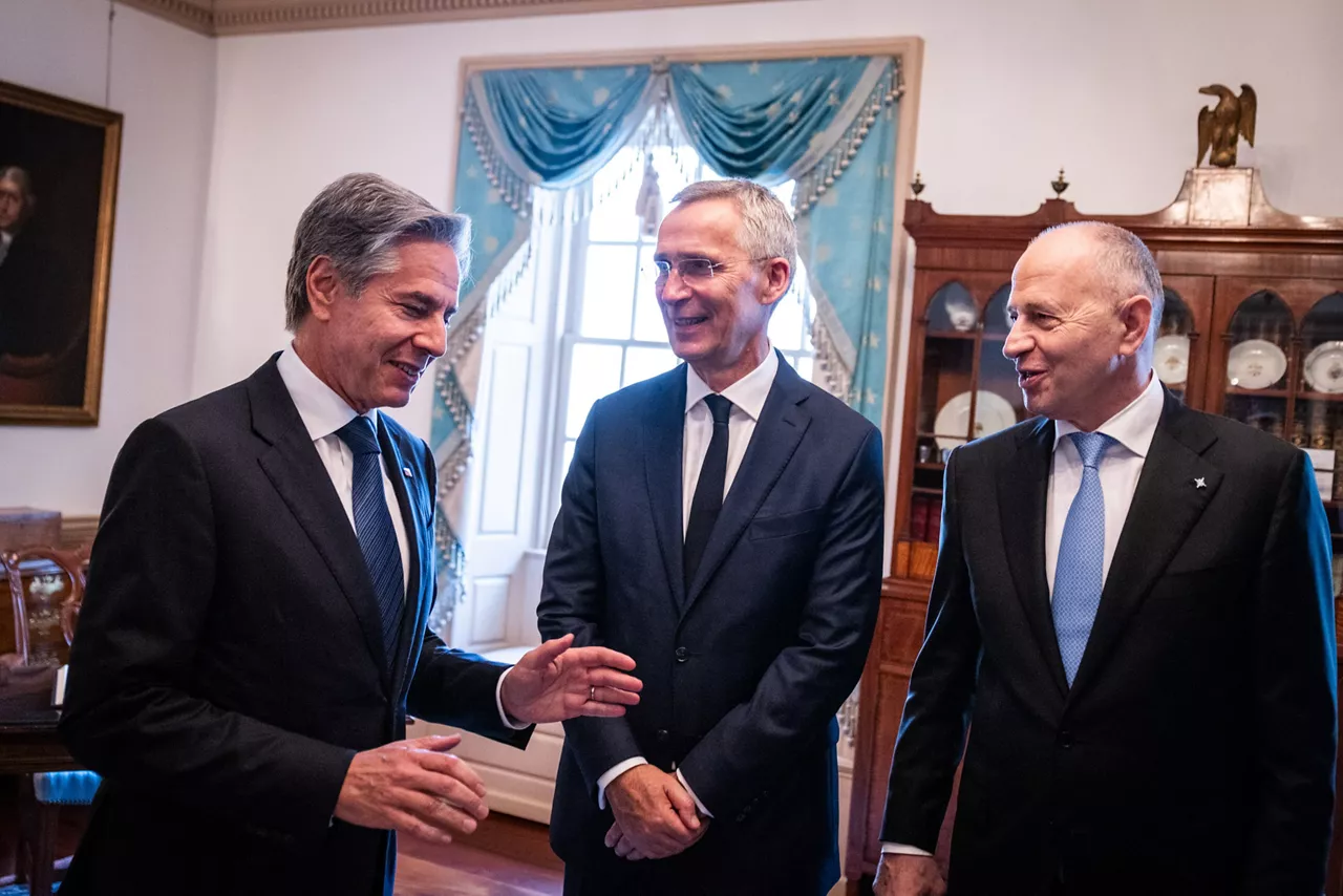 Left to right: Antony J. Blinken (US Secretary of State) with NATO Secretary General Jens Stoltenberg and NATO Deputy Secretary General Mircea Geoana