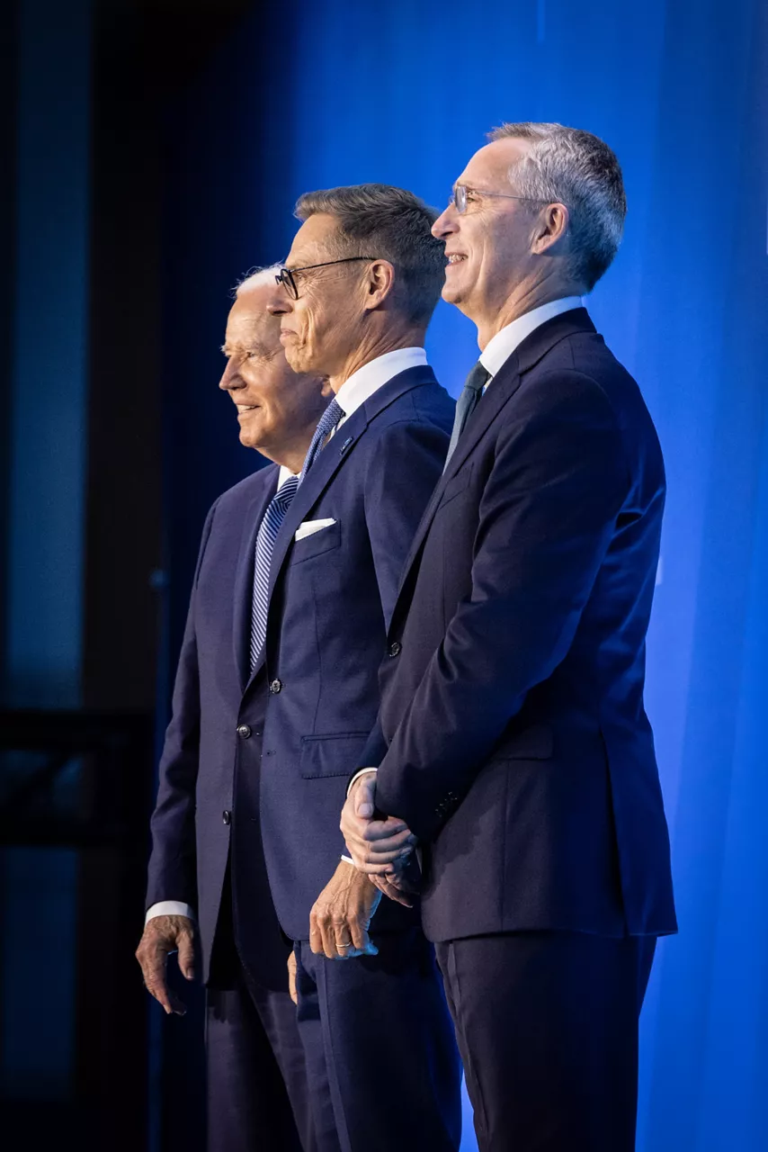 Left to right: US President Joe Biden with Alexander Stubb (President of Finland) and NATO Secretary General Jens Stoltenberg
