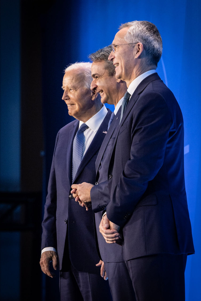 Left to right: US President Joe Biden with Kyriakos Mitsotakis (Prime Minister of Greece) and NATO Secretary General Jens Stoltenberg