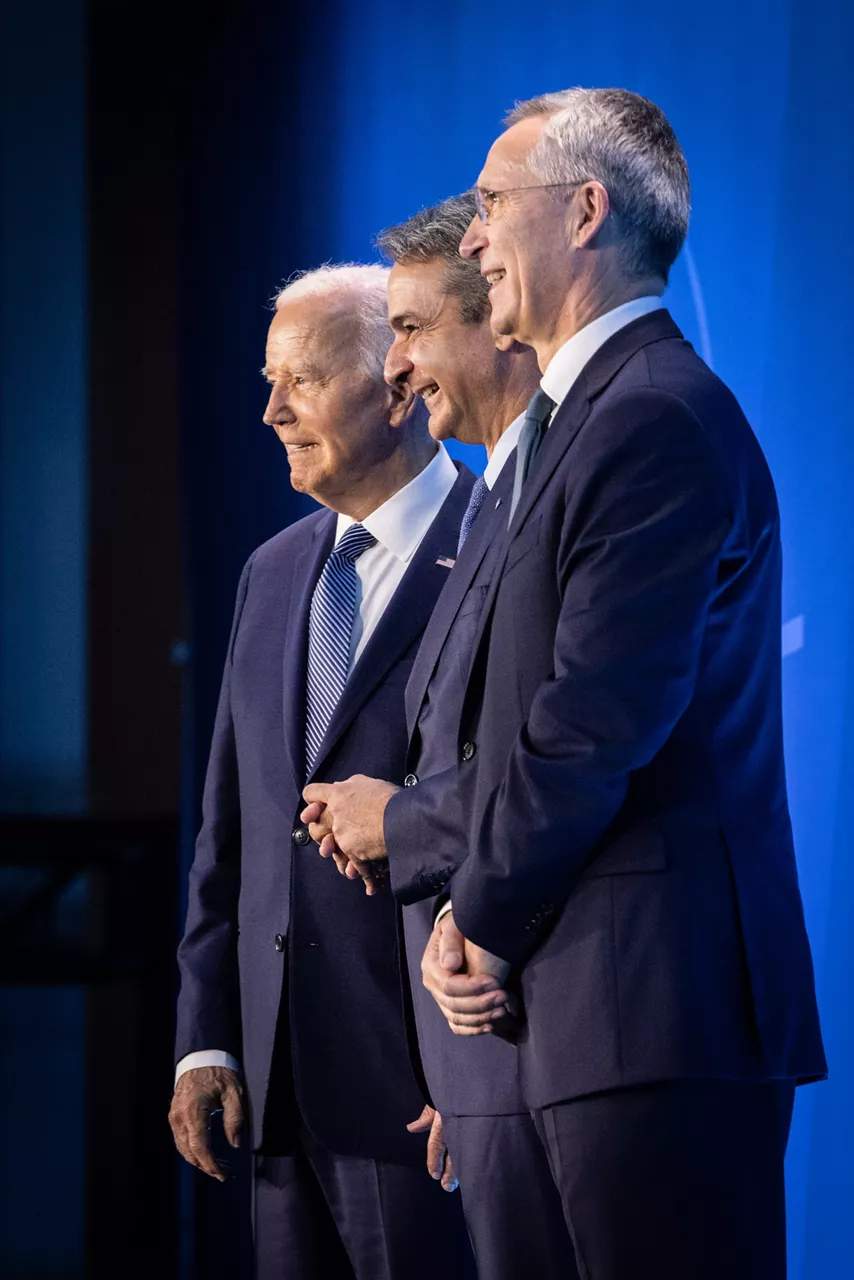 Left to right: US President Joe Biden with Kyriakos Mitsotakis (Prime Minister of Greece) and NATO Secretary General Jens Stoltenberg