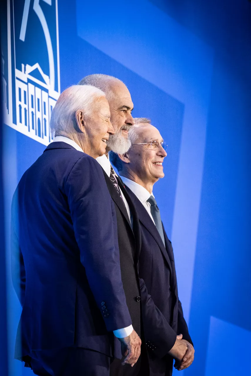 Left to right: US President Joe Biden with Edi Rama (Prime Minister of Albania) and NATO Secretary General Jens Stoltenberg