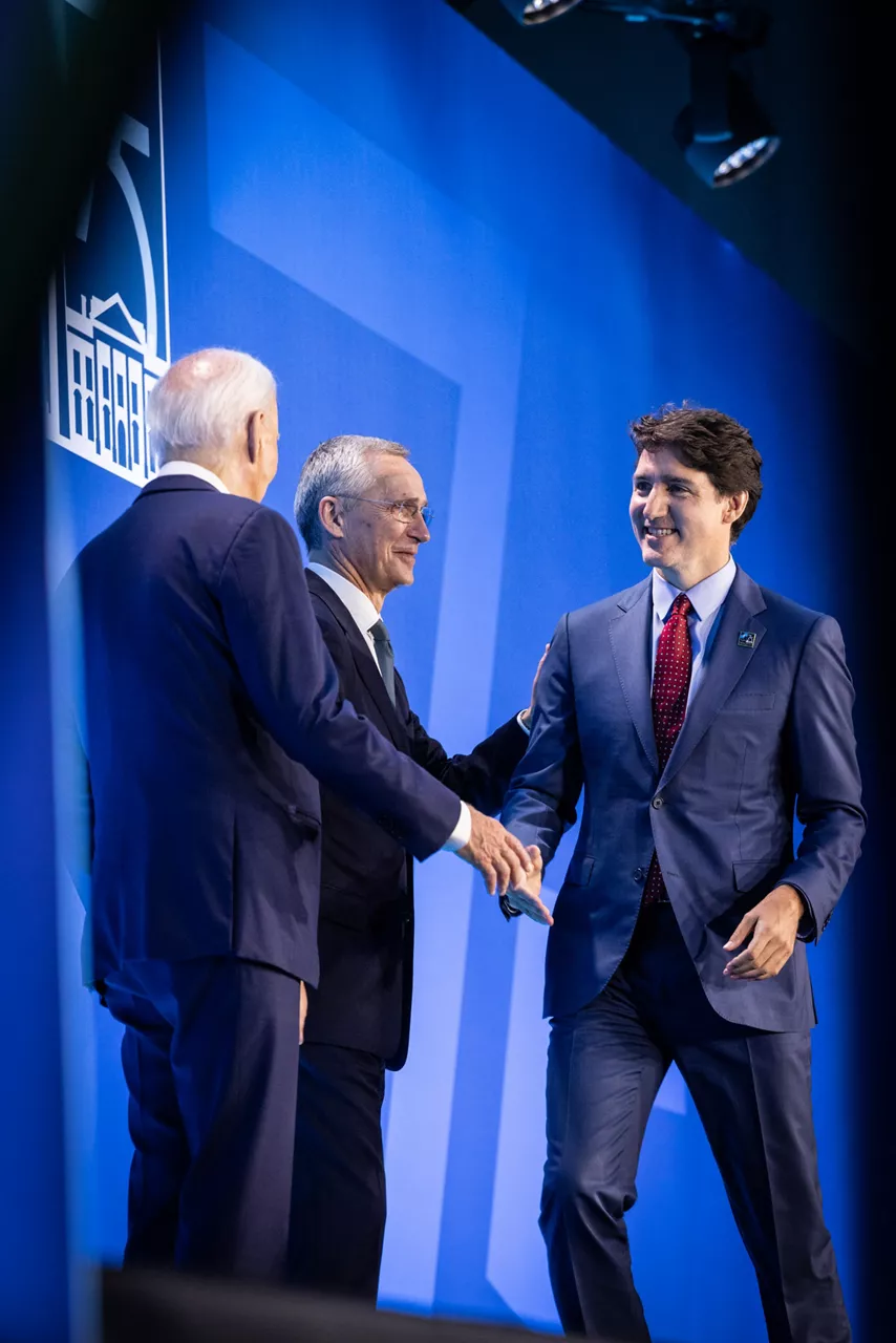 Left to right: US President Joe Biden with NATO Secretary General Jens Stoltenberg and Justin Trudeau (Prime Minister of Canada)