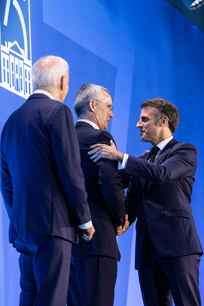 Left to right: US President Joe Biden with NATO Secretary General Jens Stoltenberg and Emmanuel Macron (President of France)