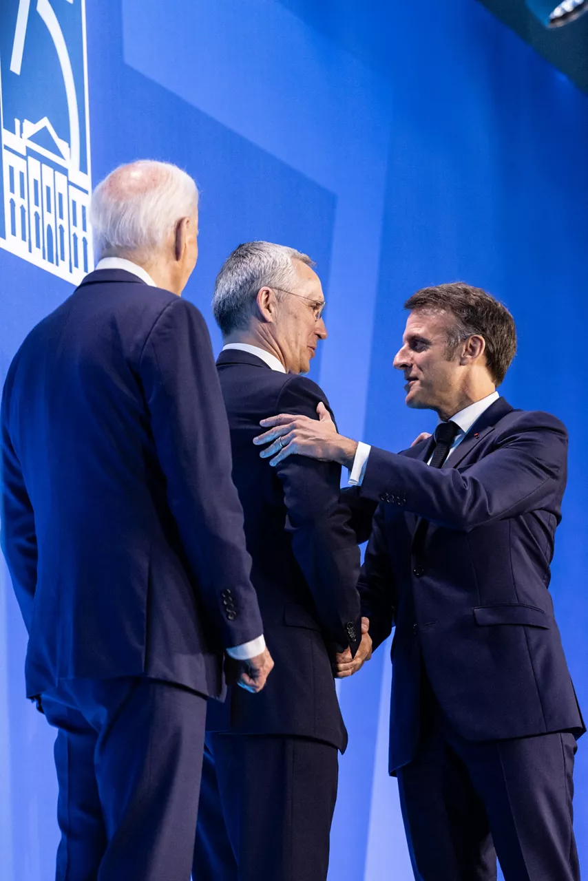 Left to right: US President Joe Biden with NATO Secretary General Jens Stoltenberg and Emmanuel Macron (President of France)
