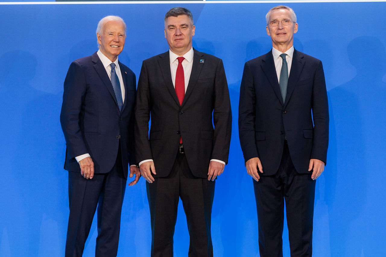 Left to right: US President Joe Biden with  Zoran Milanovic (President of Croatia) and NATO Secretary General Jens Stoltenberg