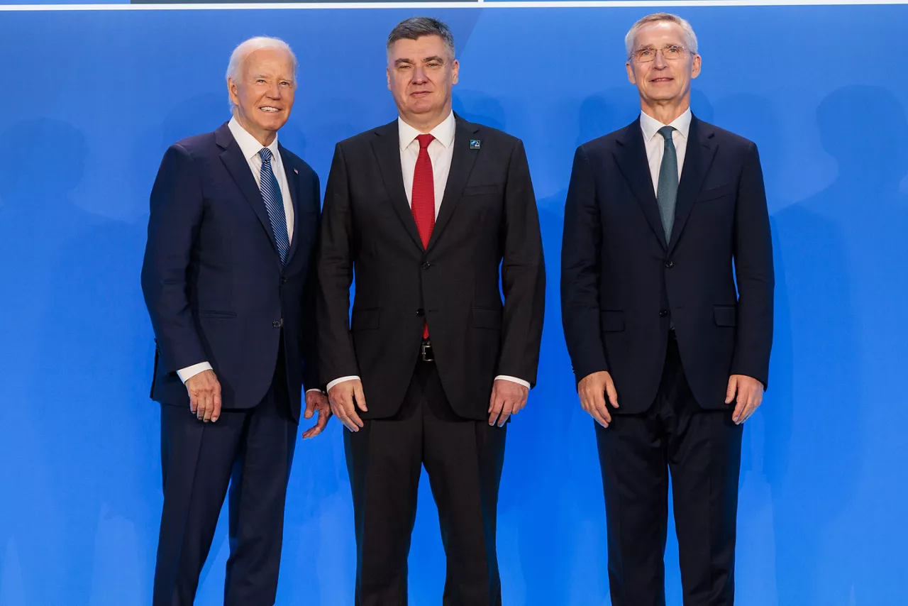 Left to right: US President Joe Biden with  Zoran Milanovic (President of Croatia) and NATO Secretary General Jens Stoltenberg