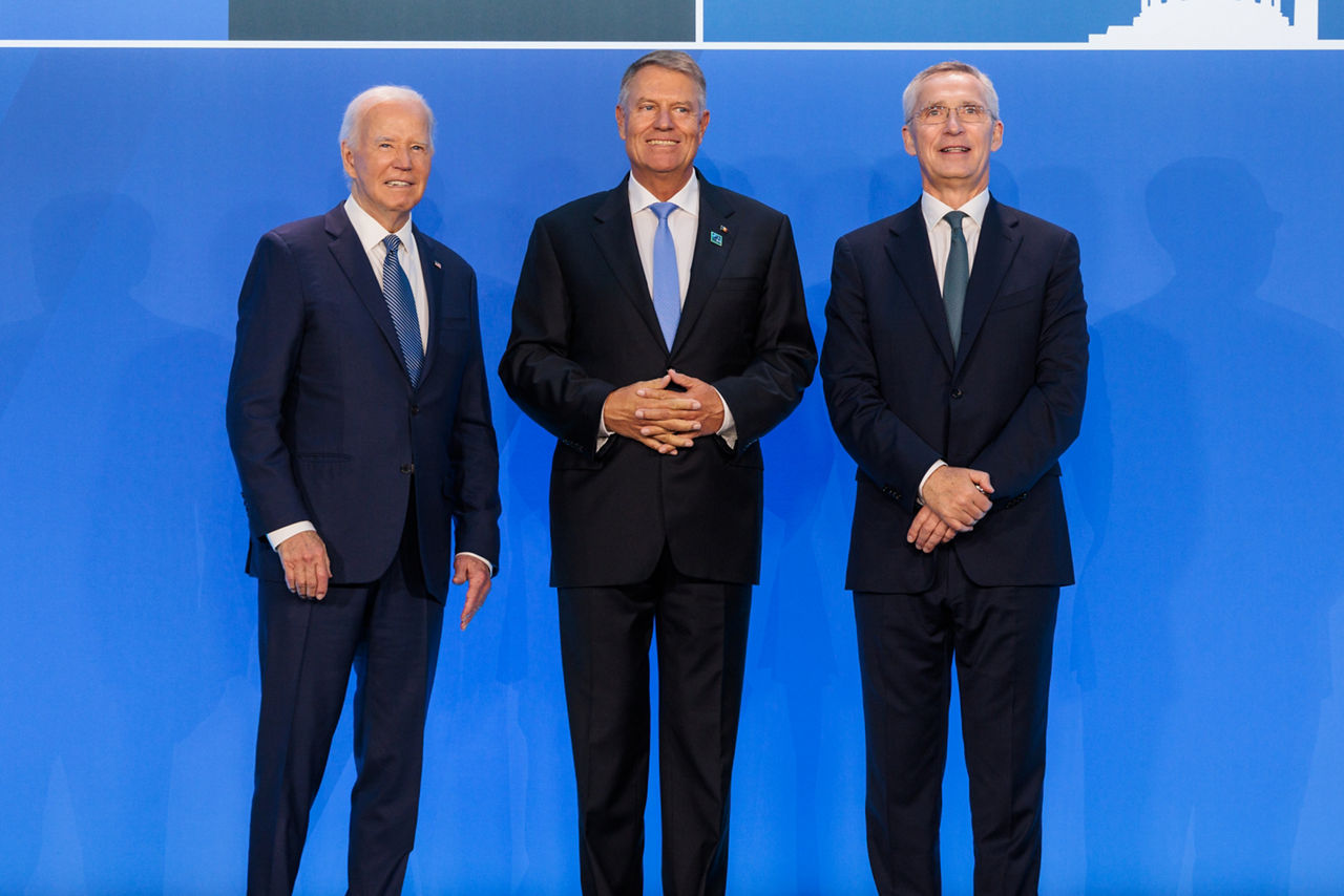 Left to right: US President Joe Biden with Klaus Werner Iohannis (President of Romania) and NATO Secretary General Jens Stoltenberg