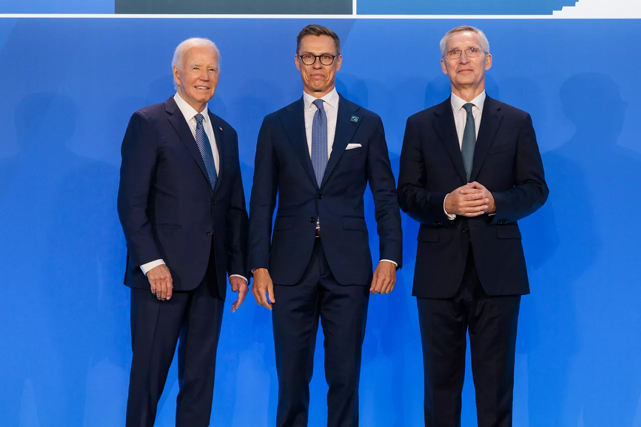 Left to right: US President Joe Biden with Alexander Stubb (President of Finland) and NATO Secretary General Jens Stoltenberg