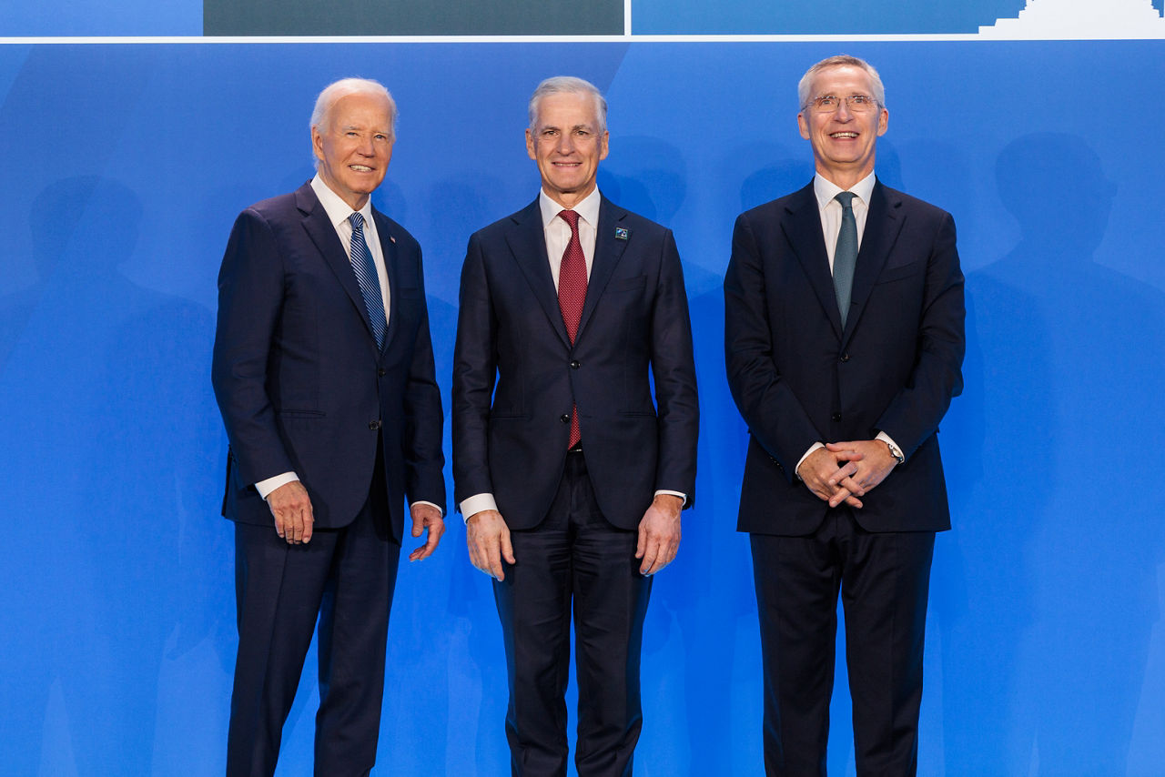 Left to right: US President Joe Biden with Jonas Gahr Store (Prime Minister of Norway) and NATO Secretary General Jens Stoltenberg