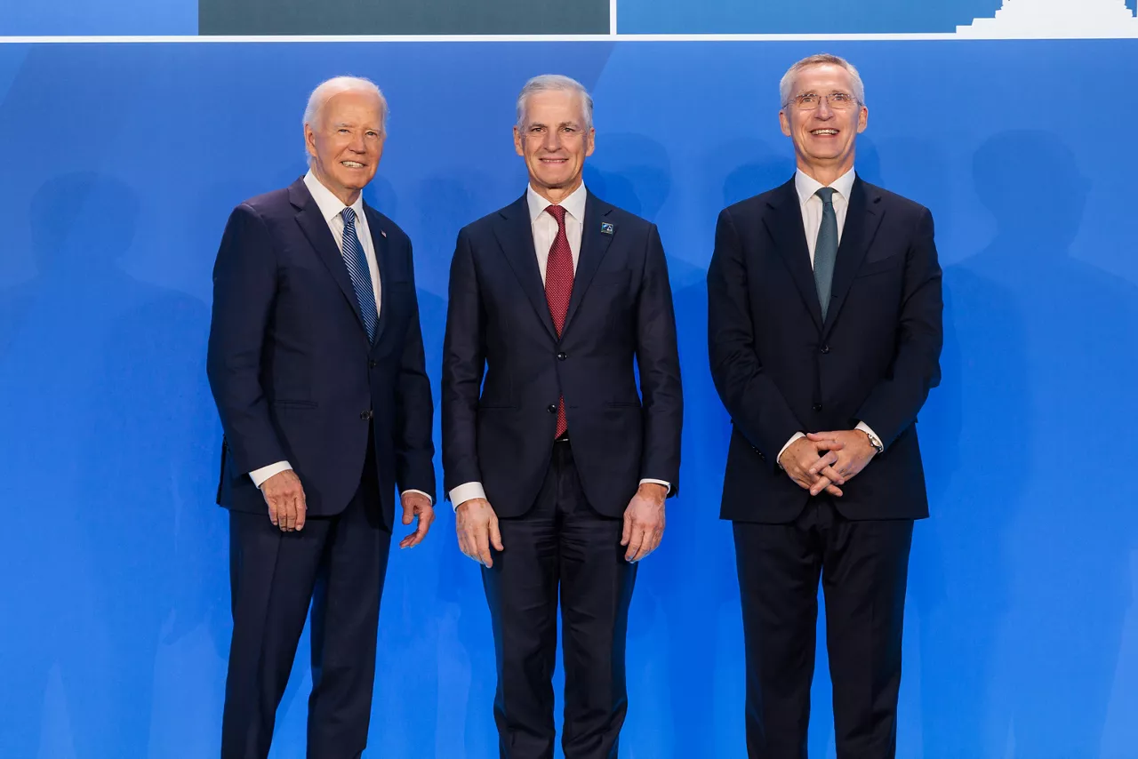 Left to right: US President Joe Biden with Jonas Gahr Store (Prime Minister of Norway) and NATO Secretary General Jens Stoltenberg