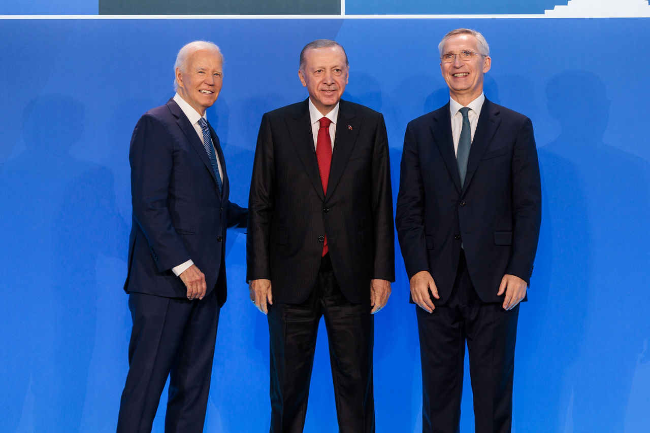 Left to right: U.S. President Joe Biden with Recep Tayyip Erdogan (President of Türkiye) and NATO Secretary General Jens Stoltenberg