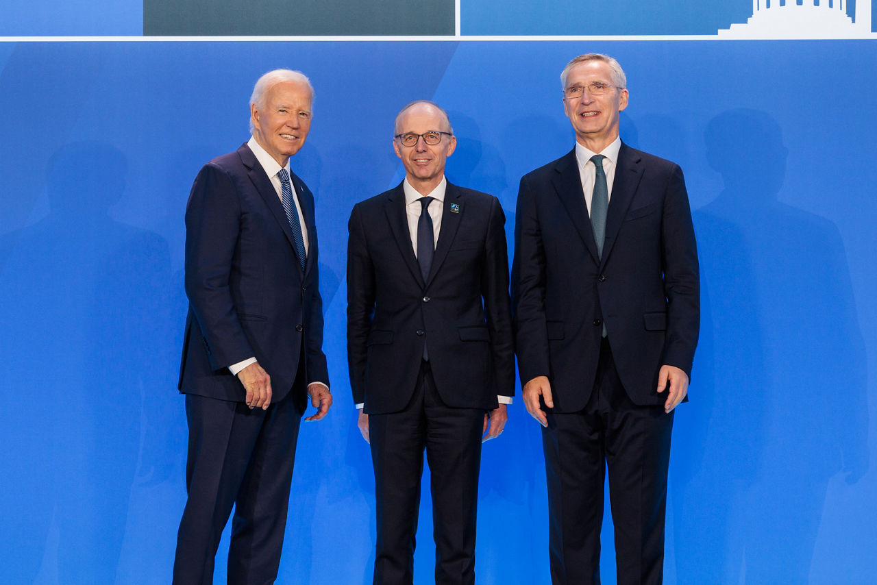 Left to right:  U.S. President Joe Biden with Luc Frieden (Prime Minister of Luxembourg) and NATO Secretary General Jens Stoltenberg
