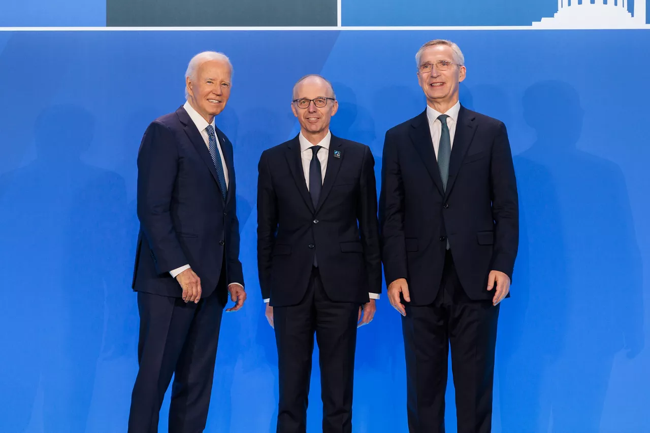 Left to right:  U.S. President Joe Biden with Luc Frieden (Prime Minister of Luxembourg) and NATO Secretary General Jens Stoltenberg