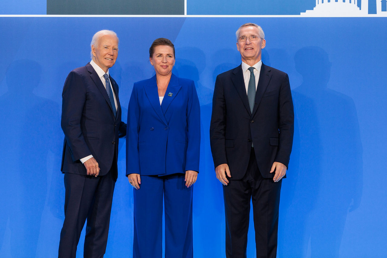 Left to right: U.S. President Joe Biden with Mette Frederiksen (Prime Minister of Denmark) and NATO Secretary General Jens Stoltenberg