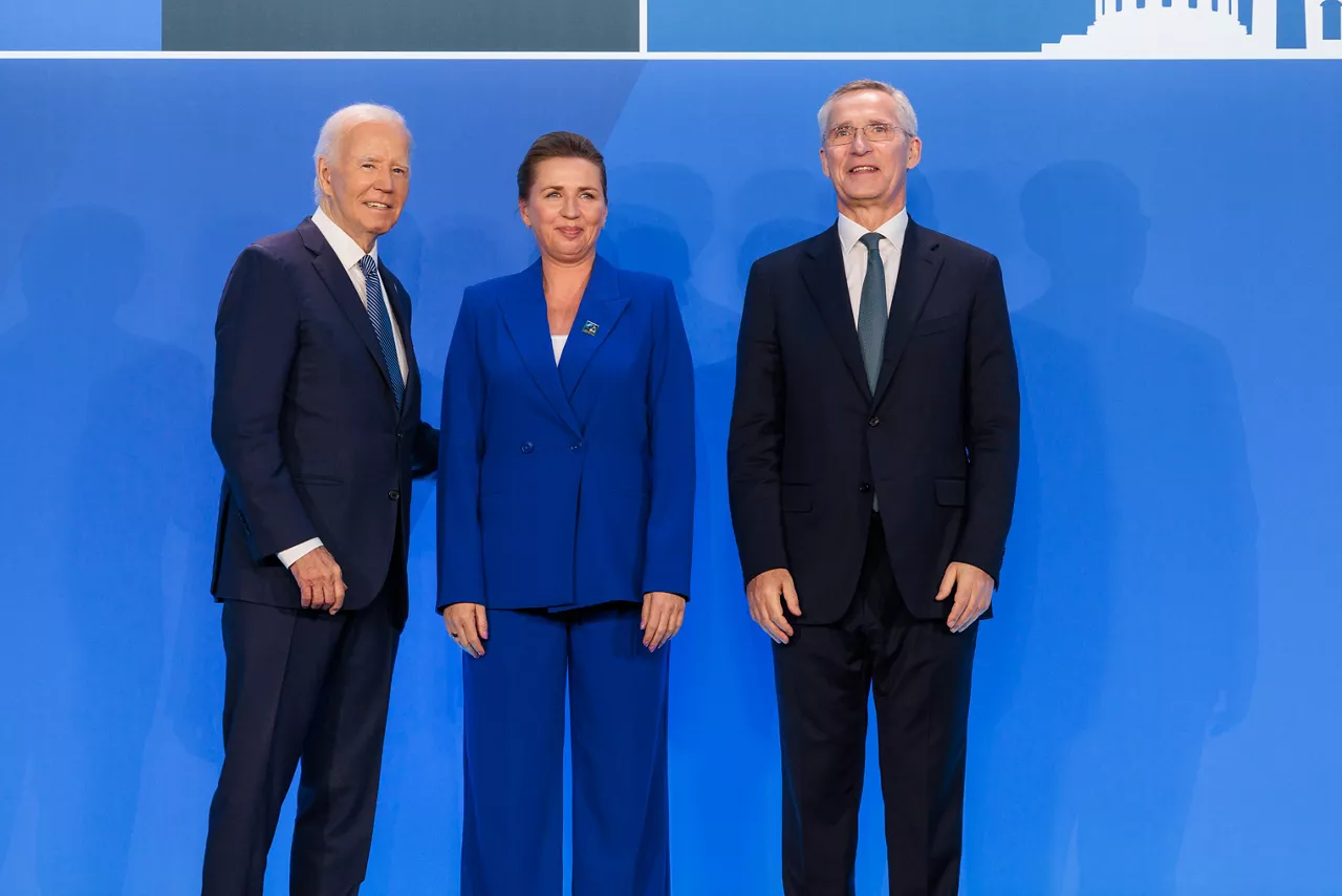 Left to right: U.S. President Joe Biden with Mette Frederiksen (Prime Minister of Denmark) and NATO Secretary General Jens Stoltenberg