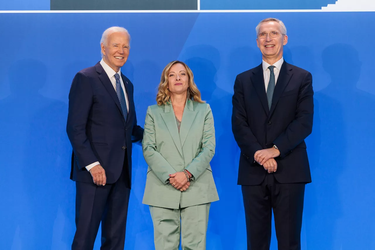 Left to right: U.S. President Joe Biden with Giorgia Meloni (Prime Minister of Italy) and NATO Secretary General Jens Stoltenberg