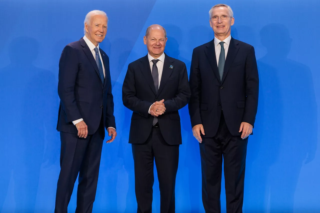 Left to right: U.S. President Joe Biden with Olaf Scholz (Chancellor of Germany) and NATO Secretary General Jens Stoltenberg